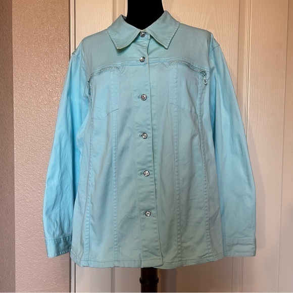 Quacker Factory Light Blue Rhinestone Embellished‎ Button Down Shacket Shirt 2X - Picture 1 of 6